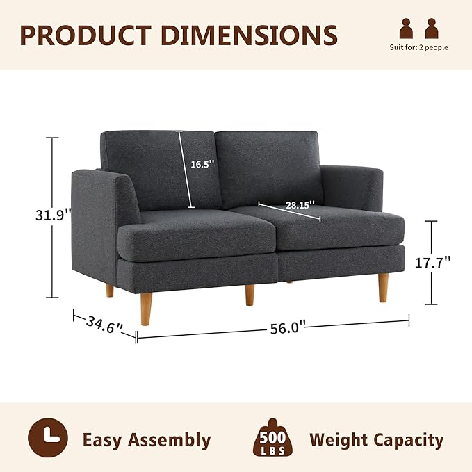 Loveseat Sofa 56" Mid Century Modern Small Couches for Small Spaces Love Seat with 2-Seat Upholstered Cushion Sofa Couches for Bedroom, Living Room, Apartment (Dark Grey)