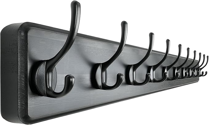 Dseap Coat Rack Wall: 38-1/4" Long, Patented, Heavy-Duty, 10-Double-Hooks Wooden Wall Mounted Coat Rack Coat Hanger Hook Rail for Winter Coats Hat Jacket Clothing, Black