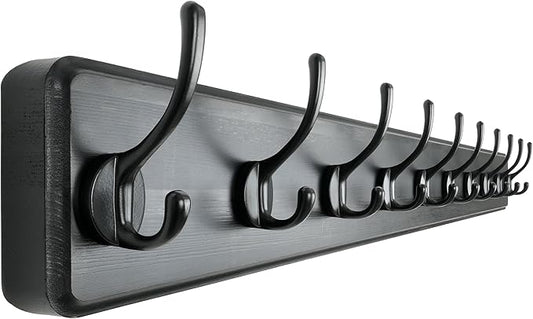 Dseap Coat Rack Wall: 38-1/4" Long, Patented, Heavy-Duty, 10-Double-Hooks Wooden Wall Mounted Coat Rack Coat Hanger Hook Rail for Winter Coats Hat Jacket Clothing, Black