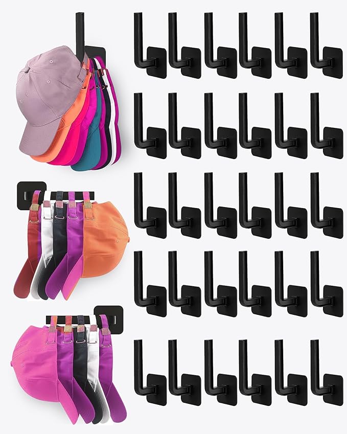 30-Pack Hat Organizer, Multi-Purpose Hat Storage, Strong Adhesive Hat Hooks for Wall, Black