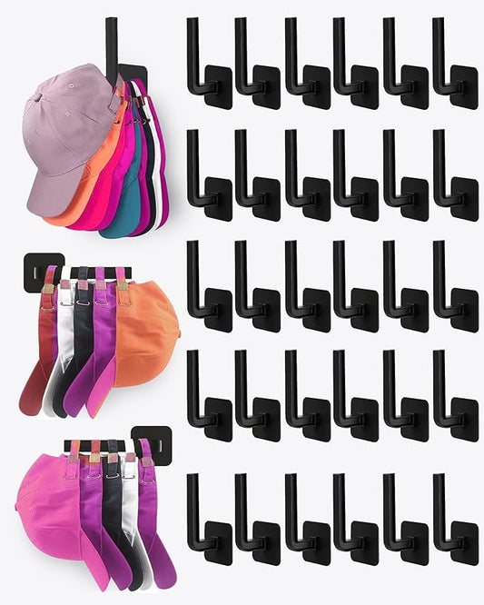 30-Pack Hat Organizer, Multi-Purpose Hat Storage, Strong Adhesive Hat Hooks for Wall, Black