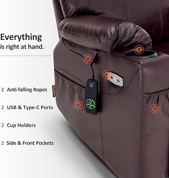 MCombo Electric Power Lift Recliner Chair Sofa with Massage and Heat for Elderly, 3 Positions, 2 Side Pockets, and Cup Holders, USB Ports, Faux Leather 7040 (Dark Brown, Medium)