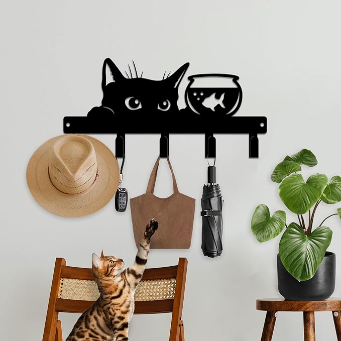 magilab Cat-Themed 10-Inch Iron Key Hooks with 5 Hooks, Black Wall Organizer - Cute Cat Design for Home Decor, No Drill & Screw-in Options (Style F)