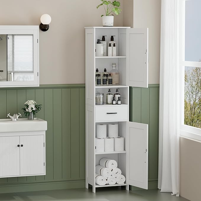Homhedy 67" H Tall Bathroom Storage Cabinet with 2 Barn Doors and 1 Drawer, Narrow Storage Unit, Adjustable Shelves, Floor Cabinet for Bathroom, Living Room, Entryway, Kitchen, White, (15.7" W)