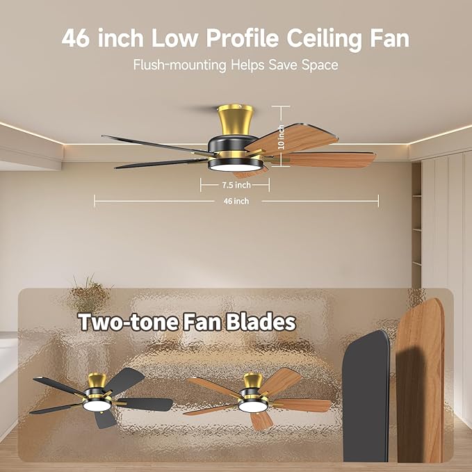 TALOYA Ceiling Fans with Lights and Remote, 46 Inch Low Profile Ceiling Fan with Light, Flush Mount, Reversible, 3CCT, Dimmable Modern Ceiling Fan for Bedroom, Living Room, Outdoor Patio, Black Gold