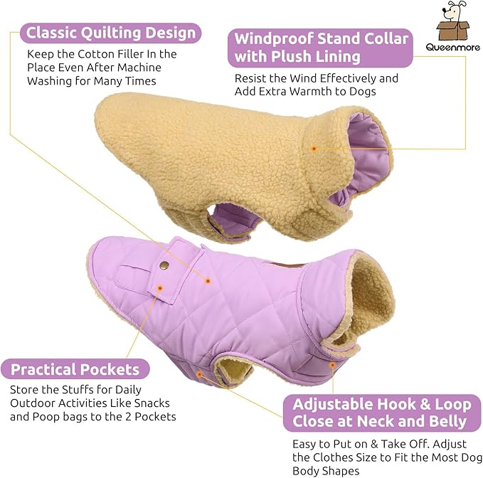Queenmore Warm Dog Coat, Cold Weather Puffer Dog Coat Vest, Quilting Winter Pet Jacket Ultra Thick Plush Fleece Lining Pet Clothes for Dogs with Storage Pockets (Lilac, Small)
