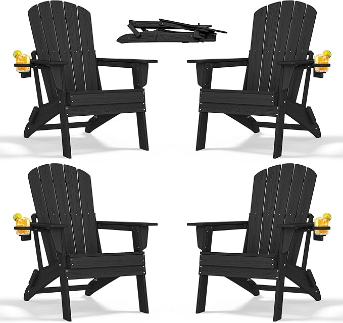 nevilywood Folding Adirondack Chair with Cup Holder Set of 4, HDPE Patio Chairs,All-Weather Outdoor Chairs for Backyard, Deck,Fire Pit-Black