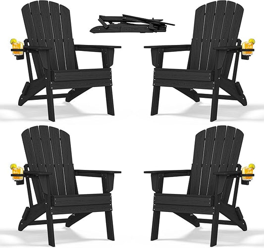 nevilywood Folding Adirondack Chair with Cup Holder Set of 4, HDPE Patio Chairs,All-Weather Outdoor Chairs for Backyard, Deck,Fire Pit-Black