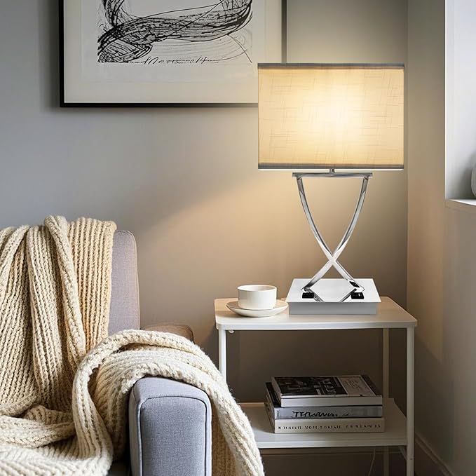 21.38" Table Lamp for Bedroom Living Room 3-Way Dimmable Touch Control Medium Chrome Bedside lamp with USB A+C Ports，Nightstand Lamp with White Linen Shade Bulb Included (White-Chrome)