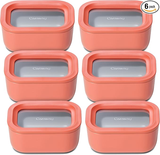 Caraway 6pc Glass Food Storage Set - 2.6 Cup Storage Containers For Food (6) - Non-Toxic Ceramic-Coated Glass - Air Release Technology - Compact & Stackable Design - Perracotta