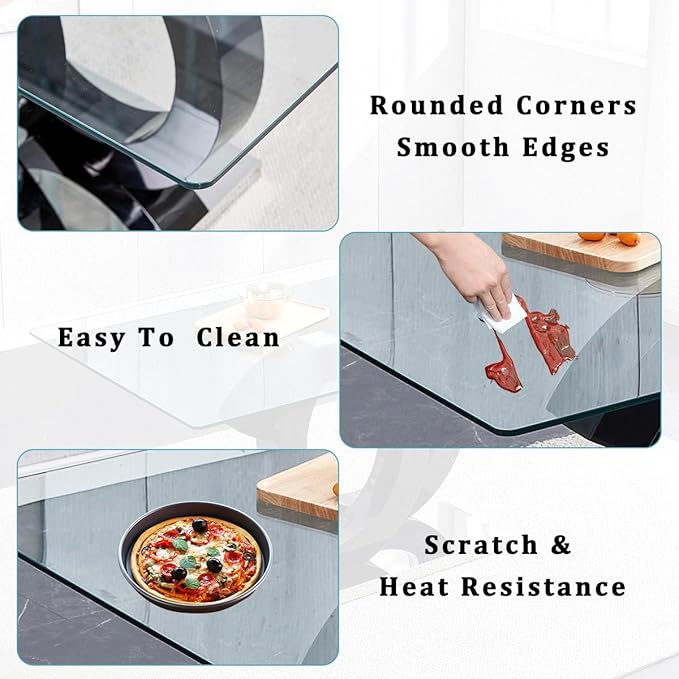 gopop 63'' Modern Glass Dining Table, Clear Glass Top with Black Unique Design Leg and Silver Metal Base, Seats 4-6, 63 x 35.4 x 30 inches