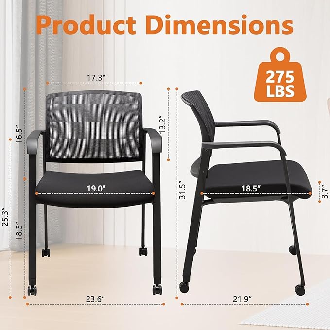 CLATINA Mesh Back Guest Reception Arm Chairs with Wheels, Waiting Room Chairs with Upholstered Fabric Seat and Ergonomic Lumbar Support for Office, 8PK