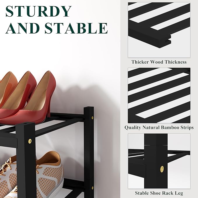 Smiry Shoe Rack, 4 Tier Small Bamboo Shoe Organizer, Stackable Free Standing Wooden Shoe Storage Shelf for Closet, Entryway, Front Door Entrance, Black
