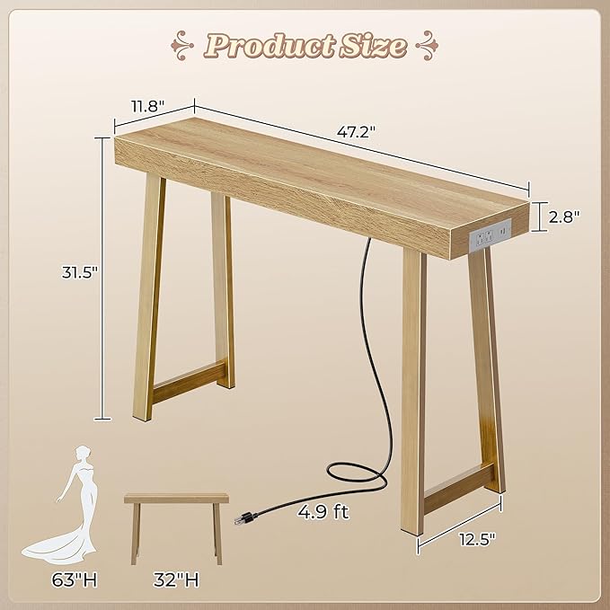 Huuger Entryway Console Table with Charging Station, USB-C Port, 47.2 Inch Sofa Table with Metal Legs, Entry Hallway Table with Thicker Desktop, Modern Behind Couch Table, Natural