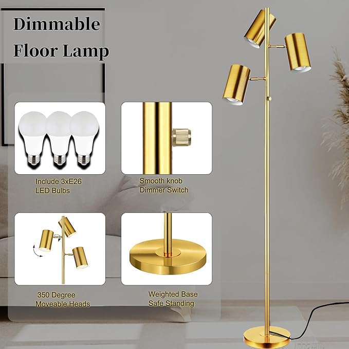 Tree Floor Lamp for Living Room,Stepless Dimmable Gold Standing Tall Pole Lamp with 3 Bulbs,Modern Reading Floor Lamp for Living Room Bedroom Office,9W E26 LED Bulbs Includeds (Gold-Dimmable)