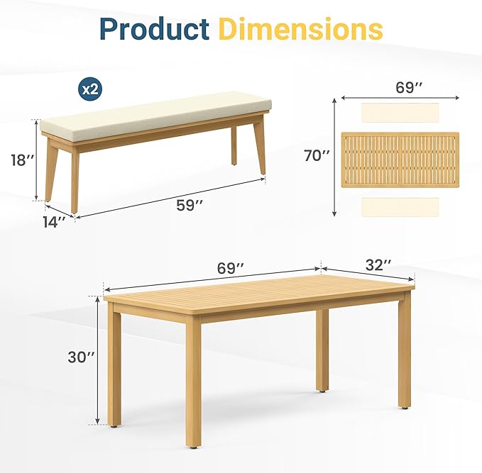 Wisteria Lane 3 Pieces Acacia Patio Dining Set for 4, Patio Dining Table and Chairs Set with Cushion, Modern Outdoor Dining Furniture Set for Lawn Backyard Garden Deck, Beige
