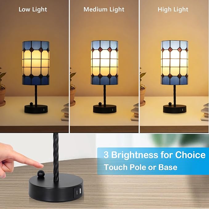 Stained Glass Table Lamp with USB Port, 3 Way Dimmable Touch Control Tiffany Desk Lamp with Bulbs, Vintage Lamp for Nightstand, Mid-century Small Bedside Lamp For Bedroom Living Room Office Nursery
