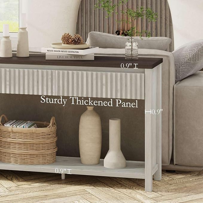 BON AUGURE Entryway Table with Storage, 47In Console Table with 2 Drawers, Two-Tier Sofa Console Tables for Living Room, Modern Hallway Tables, Walnut and Washed Grey Oak