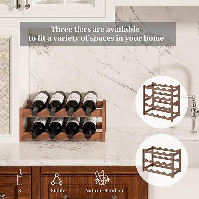 Wine Rack，Bamboo Wine Storage Cabinet Shelf，Countertop Wine Shelf- Freestanding Wine Holder for Kitchen & Pantry (Brown, 2-Tier)