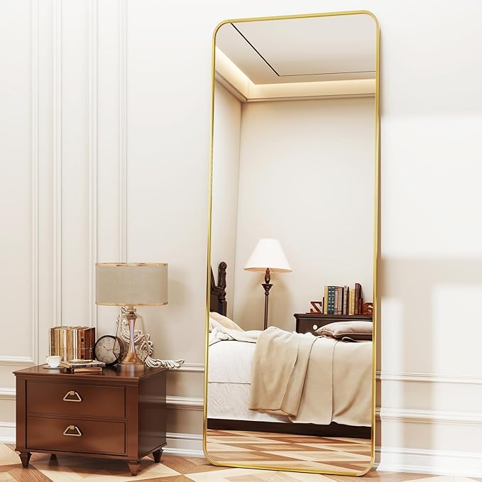 Full Length Mirror 23"x66", Large Floor Mirror with Rectangle Rounded Corners, Gold Aluminum Alloy Frame, Wall Mirror for Full Body