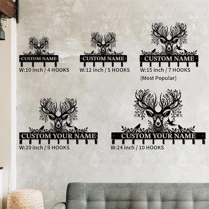 Personalized Custom Name Forest Deer Wall Keys Hooks,Metal Forest Deer Art Clothes Hooks,Metal Forest Deer Wall Home Storage Decorative,For Front Door, Hallway, Kitchen, Bedroom,Keys,Hats (Style K)