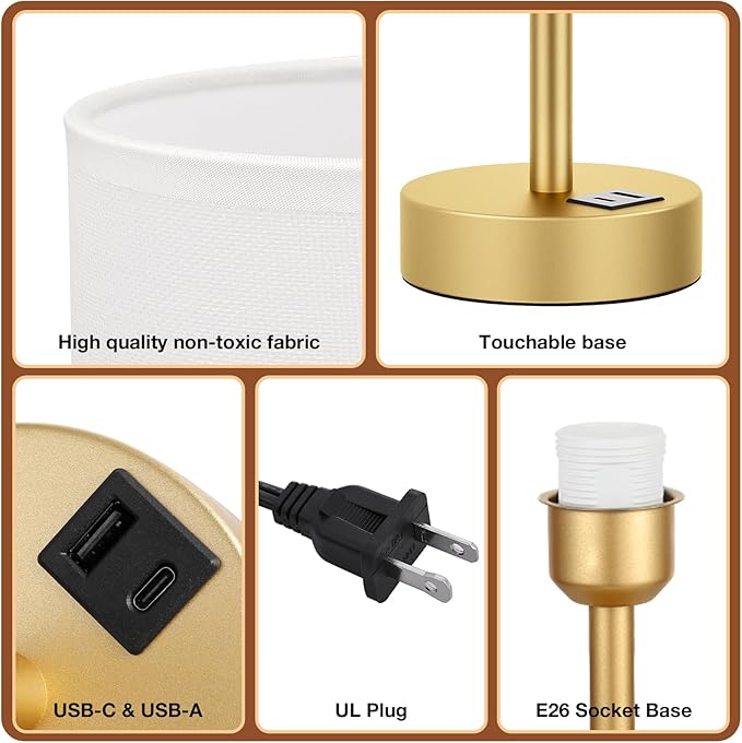Dicoool Small Touch Bedside Lamp with USB - 3 Way Dimmable Table Lamp for Bedroom, Nightstand Lamp with Gold Charging Station for Desk Dorm, Office