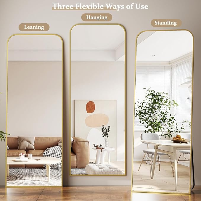 Full Length Mirror 65"x24" Arched Floor Standing Large Mirrors Full Body Mirror with Stand - with Aluminum Frame for Bedroom Living Room, Gold