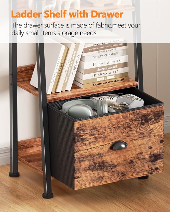 Furologee 6 Tier Ladder Shelf,Ladder Bookshelf with Drawer,Industrial Tall Bookcase,Storage Rack Organizer,Wood Metal Freestanding Shelves for Living Room, Home Office, Bedroom,Rustic Brown