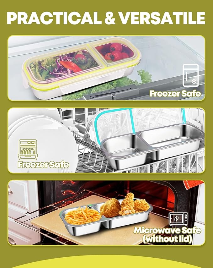 2Pack Stainless Steel Snack Containers for Kids Adults, Reusable 2 Compartment Snackle Box Container with Leakproof Lids Metal Bento Lunch Boxs Food Storage Containers for Travel Picnics Office School