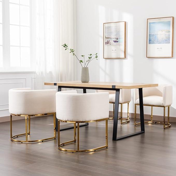 Linen Fabric Dining Chair Modern Barrel Arm Chairs with Golden Frame, Upholstered Kitchen Chairs 18.5" Wide Accent Chair for Living Room Dining Room Restaurant, Cream