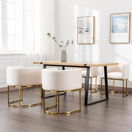 Linen Fabric Dining Chairs Set of 4 Modern Barrel Arm Chairs with Golden Frame, Upholstered Kitchen Chairs 18.5" Wide Accent Chairs for Living Room Dining Room Restaurant, Cream