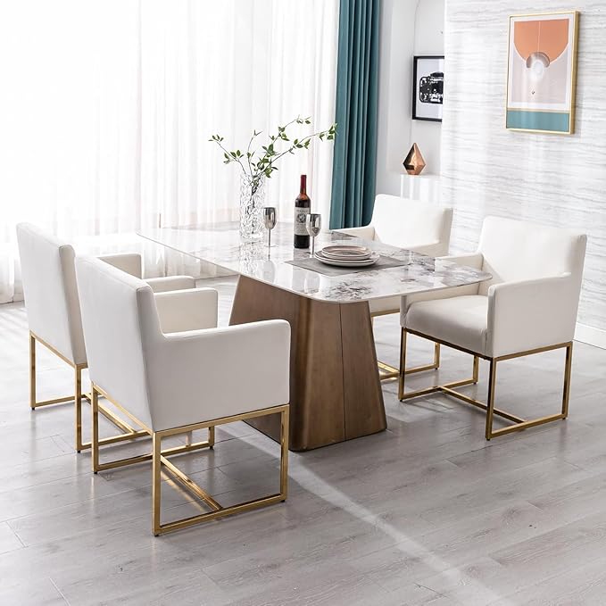 Upholstered Dining Chairs with Arms Set of 4 Mid Century Modern Accent Chairs Armchairs with Gold Metal Frame, Velvet Modern Kitchen & Dining Room Chairs, Cream