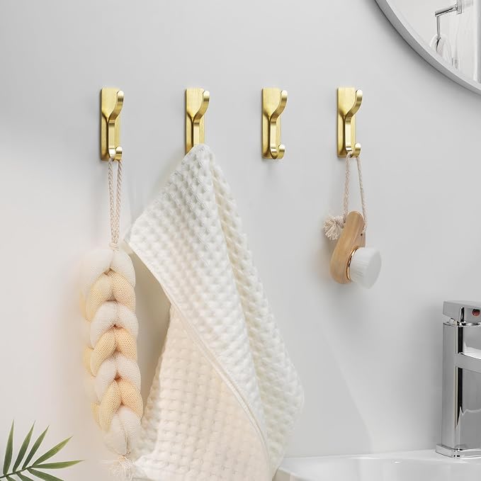 pickpiff Adhesive Wall Coat Hooks - Heavy Duty Stick-On Door Hanger, Metal Hook for Hanging Towel,Purse, Robe, Backpack, Jacket, Clothes - for Bathroom,Dorm, Closet, Kitchen - Gold, 4 Pack