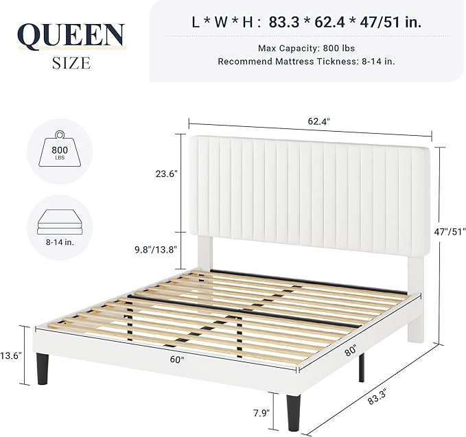 Allewie Queen Bed Frame, Velvet Upholstered Platform Bed with Adjustable Vertical Channel Tufted Headboard, Mattress Foundation with Strong Wooden Slats, Box Spring Optional, Easy Assembly, Off-White