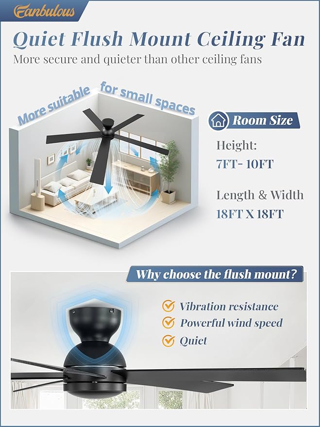 60 Inch Flush Mount Ceiling Fan no Lights, Black Ceiling Fan, 6-Speeds, Quiet Reversible DC Motor, Indoor/Outdoor Large Ceiling Fans without Lights for Living Room, Bedroom,Patio