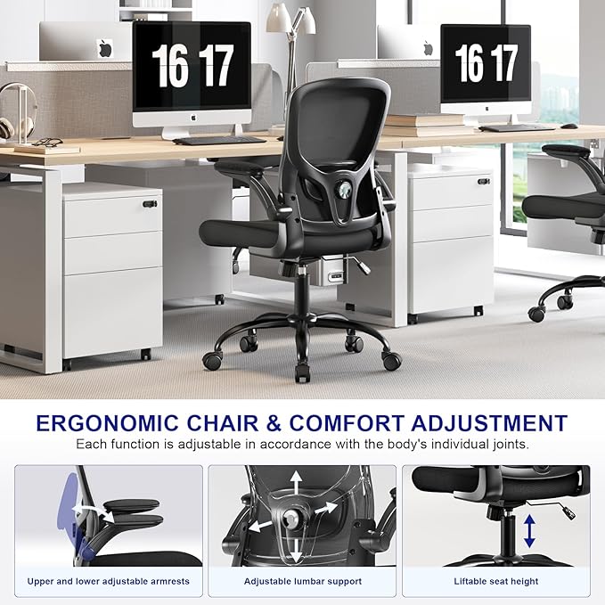 Ergonomic Office Chair-High Back Desk Chair, Adjustable Lumbar Support, Flip-Up Arms, 90-120° Tilt Lock, Breathable Mesh Back Rolling Work Chair for Man Woman(Black)