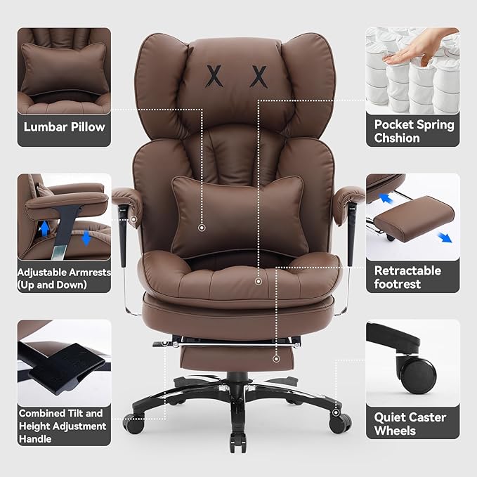 Efomao Big and Tall Office Chair 400lbs, Ergonomic High Back Executive Office Chair with Footrest, Wide Computer Desk Chair for Home Office, Comfortable PU Leather Heavy Duty Chair，Brown