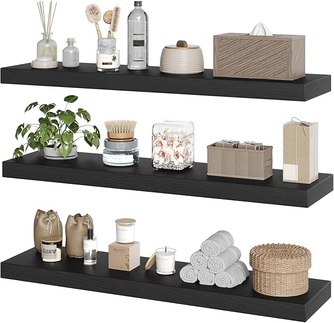 Floating Shelves for Wall, 1.5" Thick Wall Shelf Set of 3 with Invisible Brackets, L31.5 x W7.9 Hanging Book Shelves Farmhouse Home Decor for Bathroom, Living Room, Bedroom, Black 8301BJP3BK
