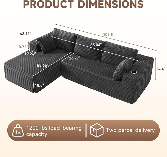 106" Cloud Couch Corduroy Modular Sectional Sofa L-Shape Boneless Couch with Wide Armrests and Cup Holders for Living Room Bedroom, No Assembly Required (Grey)