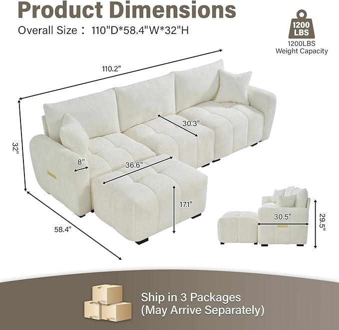 110" L Shaped Modern Boucle Sofa Modular Sectional Cloud Couch with Ottoman, Tufted 4-Seat Deep Seat Sofa with Pillows for Living Room, Bedroom and Apartment, Beige White
