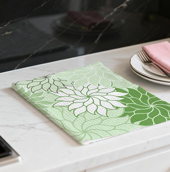 Boho Floral Abstract Waffle Towels, Flower Hand Towel for Bathroom Decor, 16x24 Inch Neutral Green Flower Dish Tea Towel Decor for Kitchen/Bath/SPA,Gift for Friends.