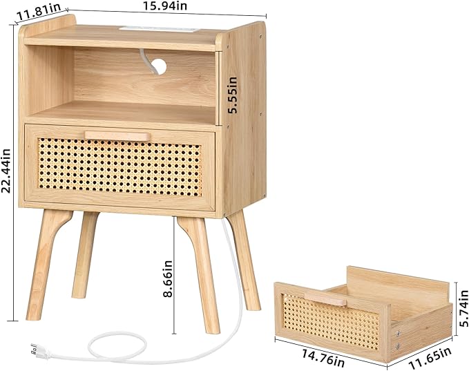 Lerliuo Rattan Nightstands Set of 2 with Charging Station, Boho Night Stand with Handmade Natural Rattan Drawer and Open Shelf, Side End Tables with Solid Wood Legs for Bedroom, Dorm, Small Spaces