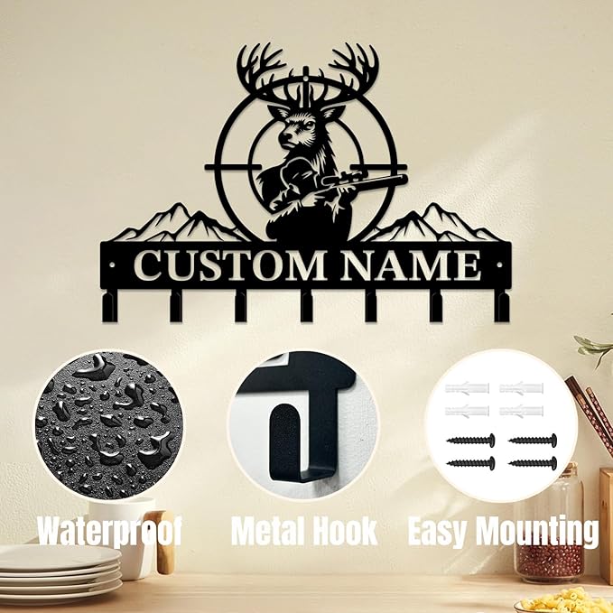 Personalized Custom Name Hunting Deer Wall Key Hooks,Metal Hunting Art Clothes Hooks,Metal Hunting Wall Home Storage Decorative,Hunter For Front Door, Hallway, Kitchen, Bedroom,Keys,Hats (Style J)