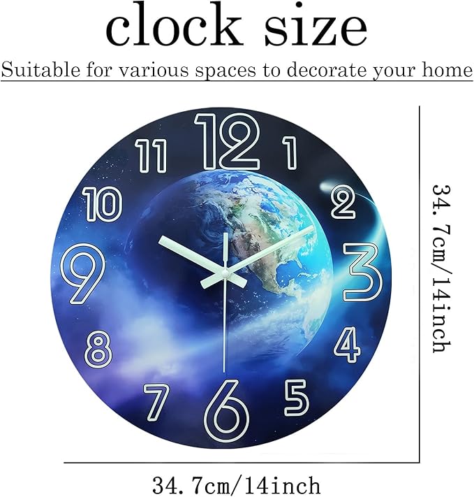 Blue Glow in The Dark Clocks for Living Room 14 Inch Battery Operated Wall Clock Non Ticking Decorative Wall Clock for Teenager