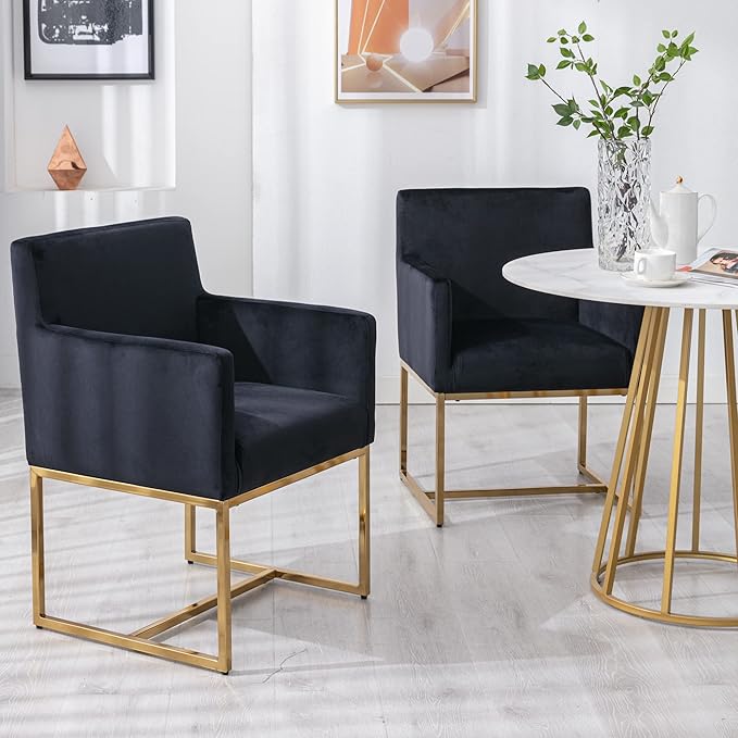Set of 4 Upholstered Velvet Dining Chairs with Armrest, Mid Century Modern Accent Armchairs, Modern Kitchen & Dining Room Chairs with Gold Frame, Black