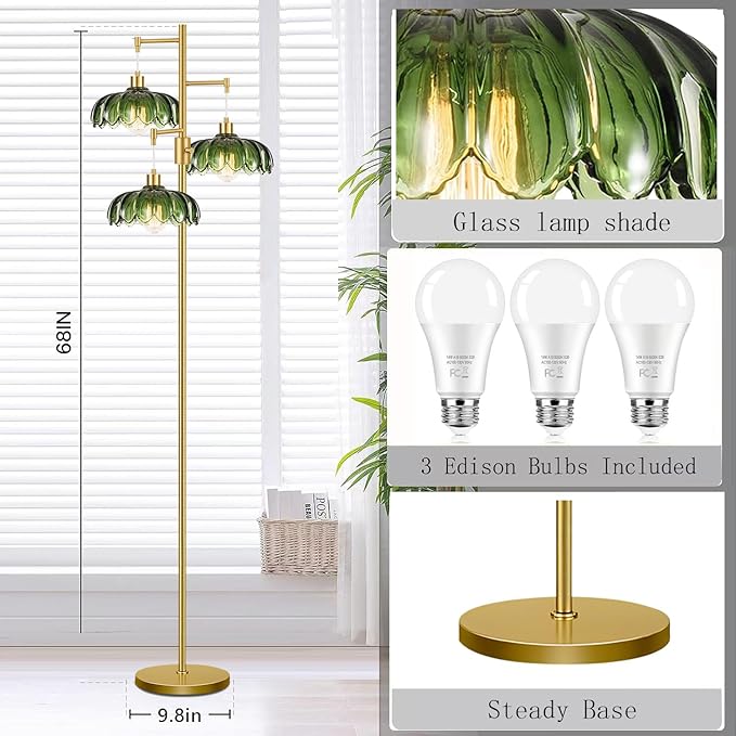 Vintage Floor Lamps for Living Room Bedroom-3 Light Dimmable Gold Floor Lamp with Glass Lampshape, Flower Tall Lamp Modern Mid Century Standing Lamp Green Tree Floor Lamp for Bedroom Corner