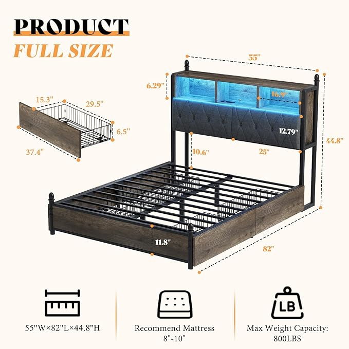 AMERLIFE Full Size Bed Frame with Bookcase Headboard and 4 Storage Drawers, Wooden Platform Bed with Charging Station and LED Light, No Box Spring Needed/Noise-Free, Gray
