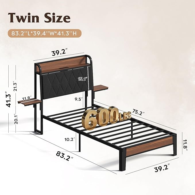 WLIVE Twin Size Upholstered Bed Frame with 2 Side Shelves, Linen Tufted Storage Headboard with Charging Ports and LED Light, Metal Solid and Stable, No Box Spring Needed, Easy Assembly, Brown