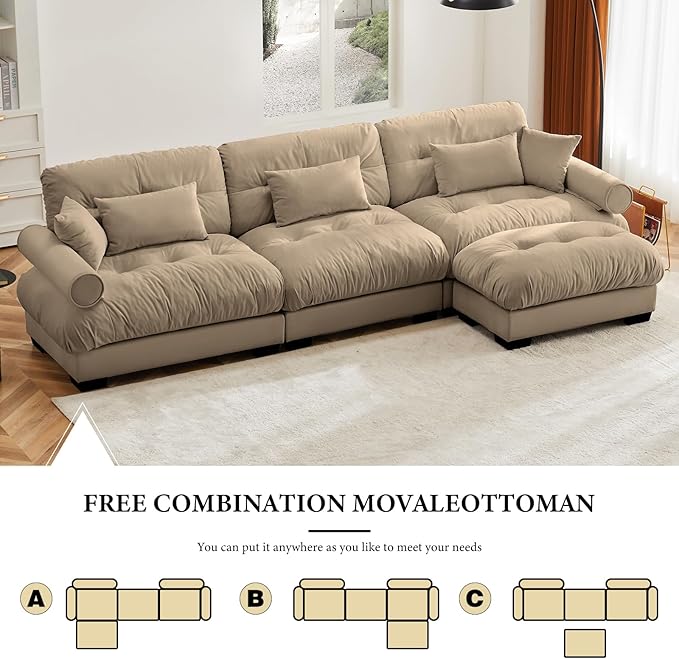 130" Oversized Couch, 3 Seater Sectional Couches for Living Room, Camel Velvet Large L Shaped Fluffy Modular Couch Set