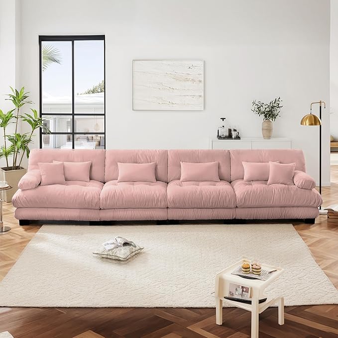 173.2" Oversized 4 Seater Modular Sectional Sofa, Pink Sectional Fluffy Couch Set, Chenille Cloud Couch with 6 Pillows, Deep Seat Sofas for Living Room